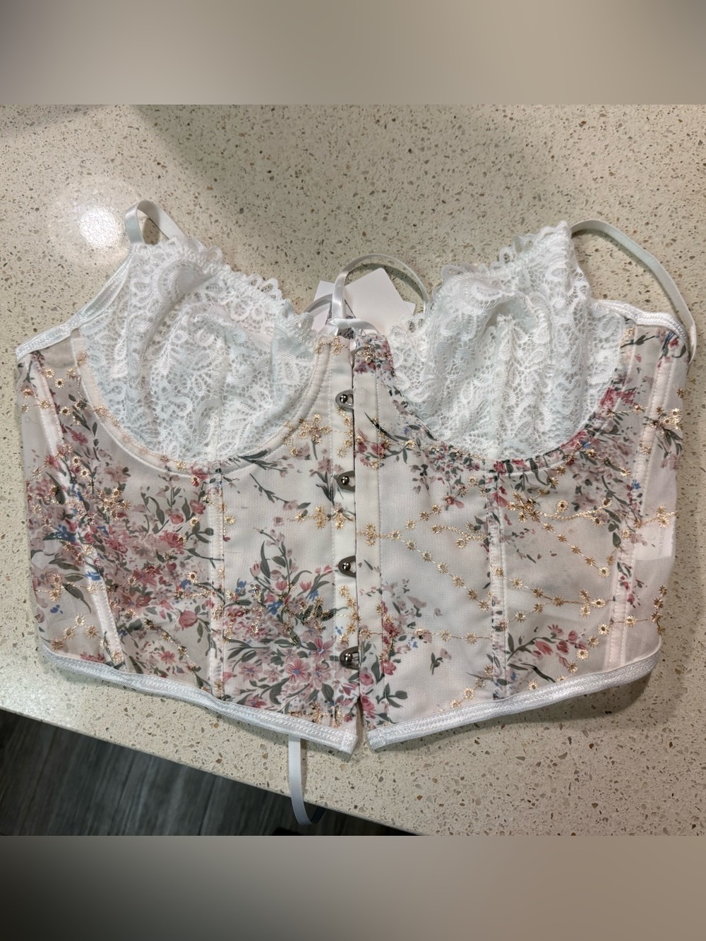 Floral Lace Corset Bralette in White and Pink